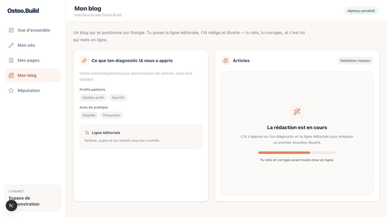 Capture réelle de l’espace de préparation d’un article dans Osteo.Build avec validation du praticien.
