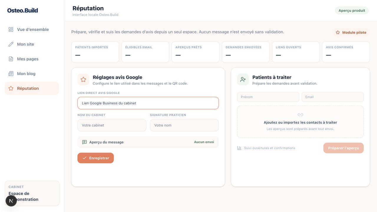 Capture réelle du module Réputation Osteo.Build avec préparation et suivi des demandes d’avis.