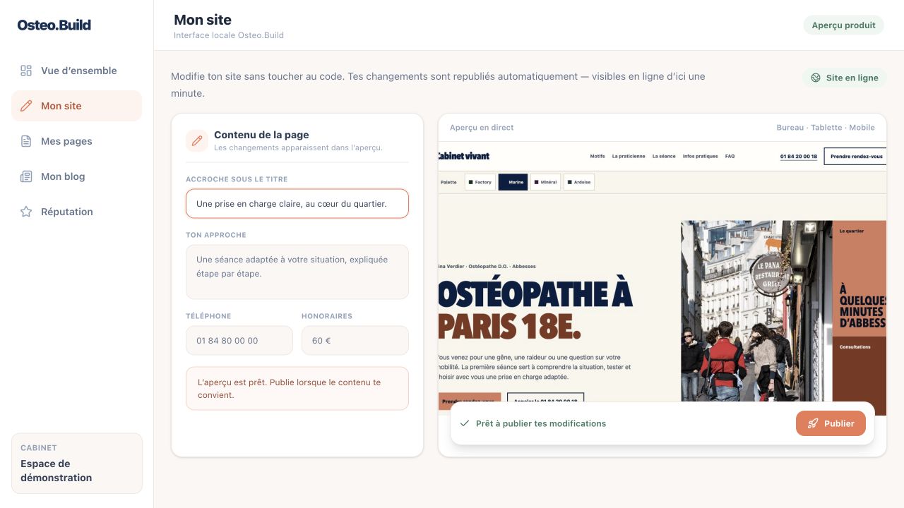 Capture réelle de l’éditeur Osteo.Build montrant la modification et l’aperçu d’une page de site.